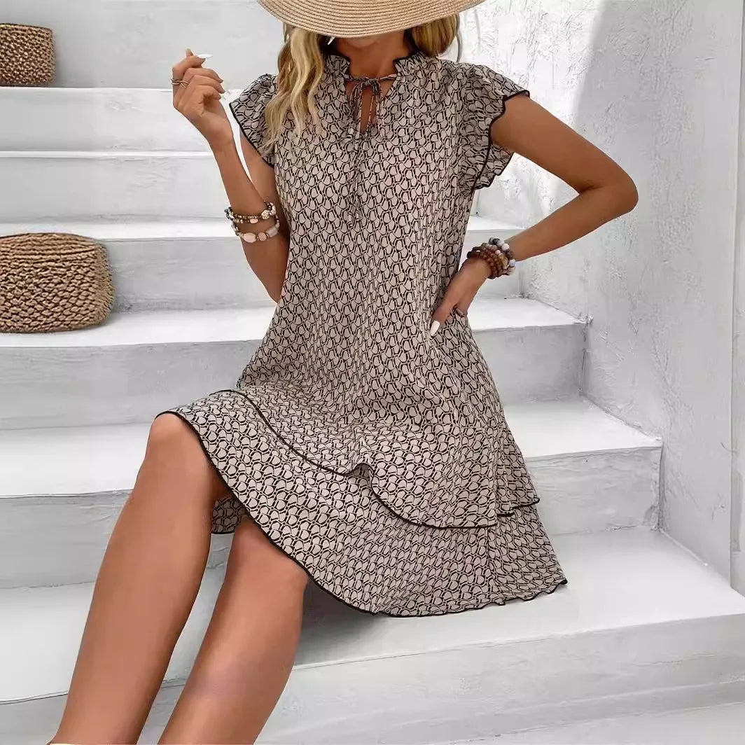 Vestido Casual Solto com Babados e Decote em V