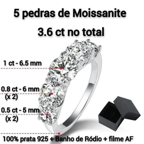 Anel Moissanite 3,6 ct em 5 Pedras - Prata 925 com Certificado GRA - Cardino