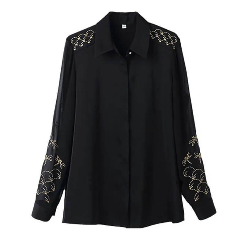 Blusa de Chifon de Mangas Longas com Bordados e Detalhes em Renda - Janelaila Moda